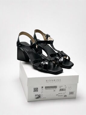 Hispanitas Women's Black Patent T-Strap Block Heel Sandals Made in Spain NIB
